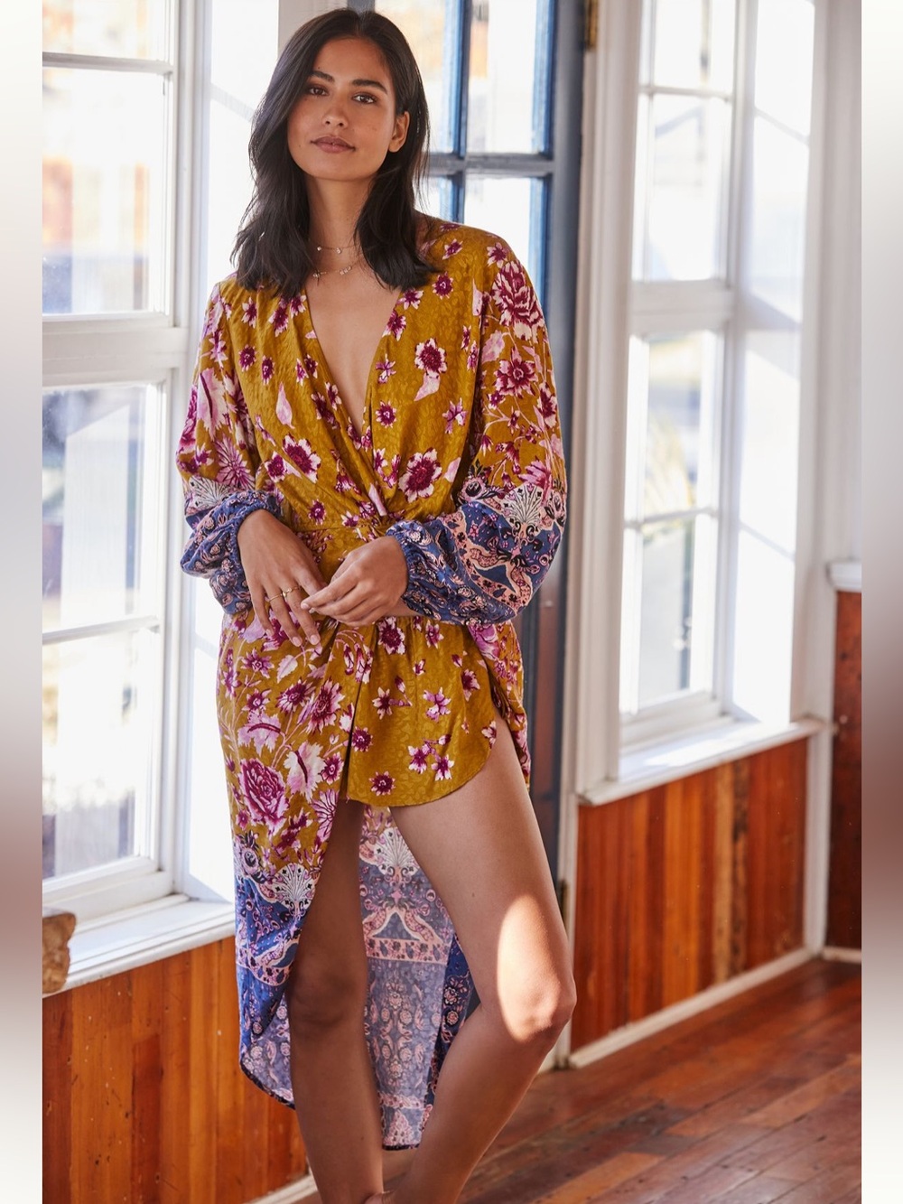 By Anthropologie Bohemian Mustard Floral Twist-Front Tunic